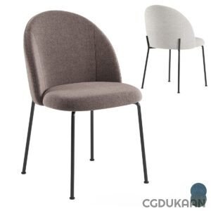 Two modern chairs with curved backrests and thin, black metal legs. One chair is in a brown fabric and the other is in a light grey fabric. There is a small color swatch in dark green in the bottom right corner.