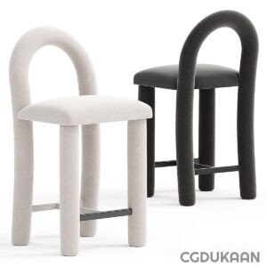 Two modern chairs, one beige and one black, with curved backrests and cylindrical legs.