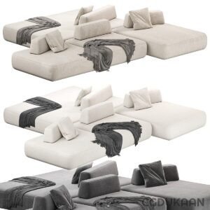 A collage of six images showing different configurations of a modular sectional sofa in beige and grey colors with matching throw blankets and pillows.