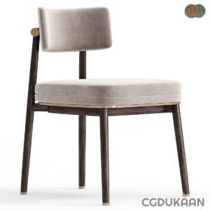 A modern wooden chair with a grey fabric upholstered seat and backrest.