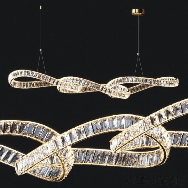 An artistic, modern LED chandelier with intertwined loops of sparkling lights against a black background.