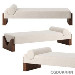 Three modern beige upholstered benches with wooden legs and cylindrical bolster pillows on each end.