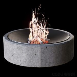 A modern circular concrete fire pit with flames burning in the center against a black background