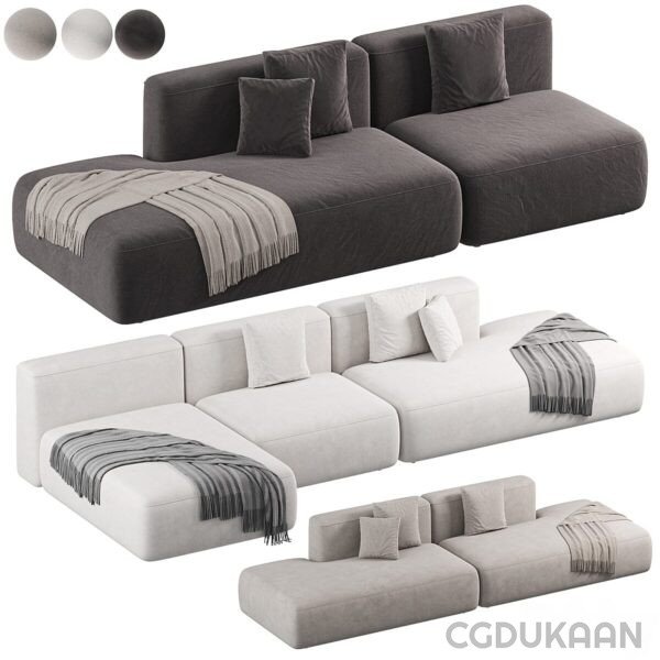 A modular sofa set in two color variations, black and white, with multiple arrangement options including a throw blanket and cushion accessories.