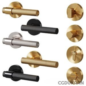 Eight different styles of door handles in various finishes including gold, black, and silver.