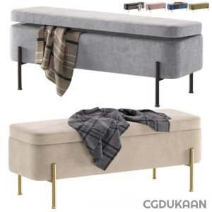 Two different styles of upholstered benches, one with black legs and a gray blanket draped over it, and the other with gold legs and a gray plaid blanket on it, with small images of other color options in the background.