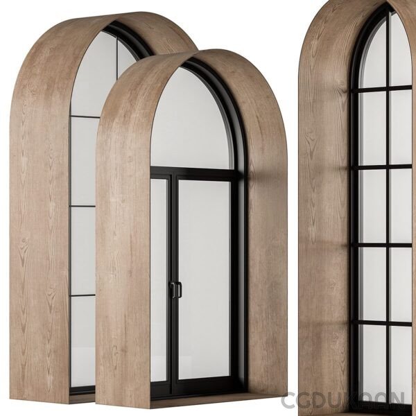 Three arched windows with glass doors, allowing natural light to illuminate the room.