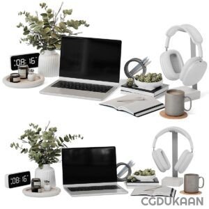 Two different modern home office setups with laptops, headphones, coffee mugs, clocks, and potted plants on white background.