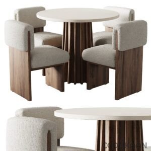 A modern dining set consisting of a round white table and four grey upholstered chairs with wooden legs.