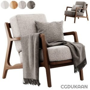 Modern wooden armchair with gray cushion and throw blanket, shown in different angles with color swatches of gray, beige, and taupe.