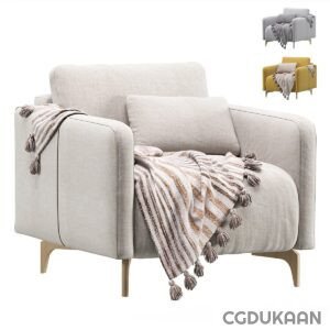 A modern beige sofa with a striped throw blanket with tassels draped over one armrest, displayed against a white background with two smaller images of the sofa in gray and mustard yellow in the top right corner.