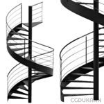 Two black and white illustrations of spiral staircases, one with a straight central support and one with a wavy central support.