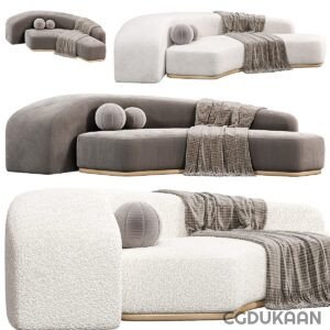 Three modern curved sectional sofas in beige, dark grey, and off-white with decorative pillows and throw blankets on a white background.