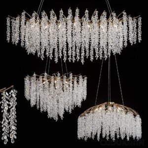 A luxurious crystal chandelier with multiple tiers of dangling glass beads, suspended from a gold-colored frame against a black background.