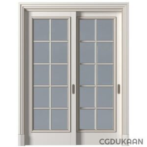 A set of closed double doors with glass panels and white frames.