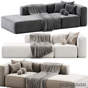 Three different colored L-shaped sectional sofas with decorative pillows and a throw blanket, displayed in gray, white, and beige.