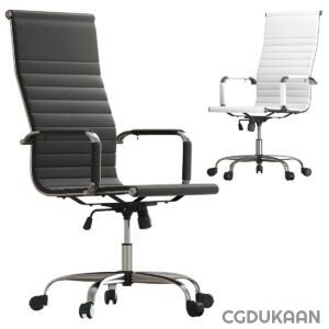 Two office chairs, one with a black seat and backrest and the other with a white seat and backrest, both with arm rests and wheels.