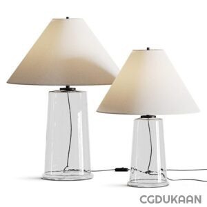 a pair of glass lamps with a white shade