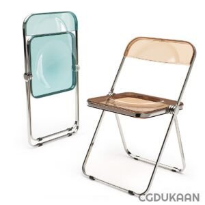 Two metal folding chairs with plastic seats and backs, one in a transparent aqua color and the other in a translucent amber color, set against a white background.