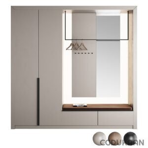 A modern and sleek hallway closet system with built-in seating, mirrored doors, and wooden accents.