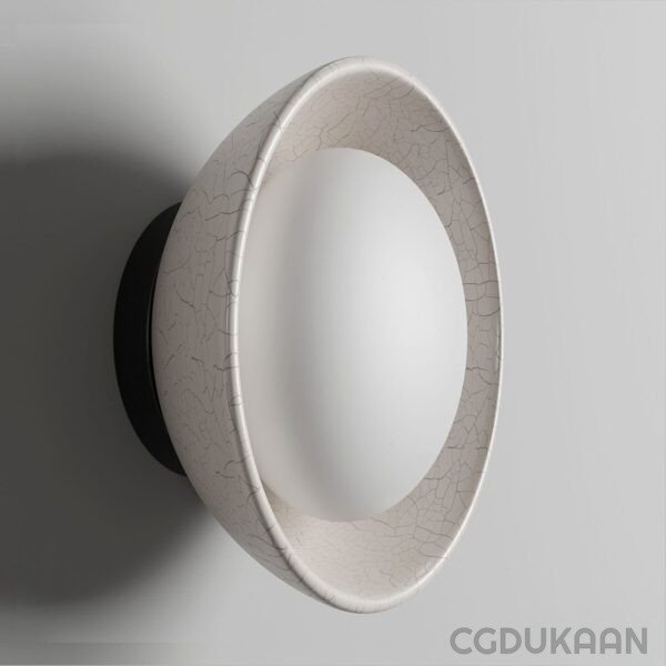 Round wall lamp with a white cracked texture rim and a plain white center, casting a shadow on a light grey wall.