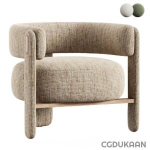 Modern armchair with textured beige upholstery and wooden frame, featuring a curved backrest and armrests with a cylindrical cushion seat.