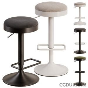 Four different adjustable bar stools with round seats and metal bases, in various colors and heights.