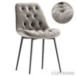 A grey chair with black legs and a buttoned-up seat, providing a stylish and comfortable seating option.