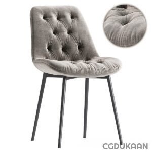 A grey chair with black legs and a buttoned-up seat, providing a stylish and comfortable seating option.