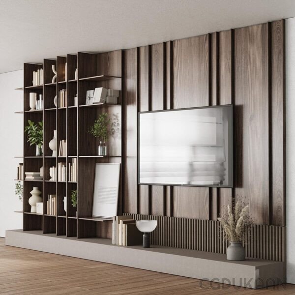 A contemporary living room with a TV and bookshelves.