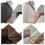 Four different styles of modern staircases with varying materials and designs, including dark wood, white, and metal finishes.