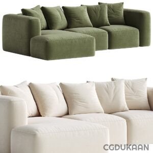 Two modern sectional sofas, one in green and one in cream color, with multiple cushions on each.