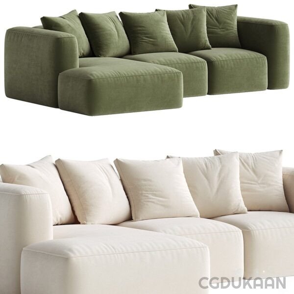 Two modern sectional sofas, one in green and one in cream color, with multiple cushions on each.