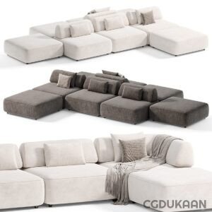 Three images of different modular sectional sofas in white and gray colors, displayed on a white background.