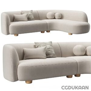 Two views of a modern curved light grey sofa with wooden legs and decorative pillows