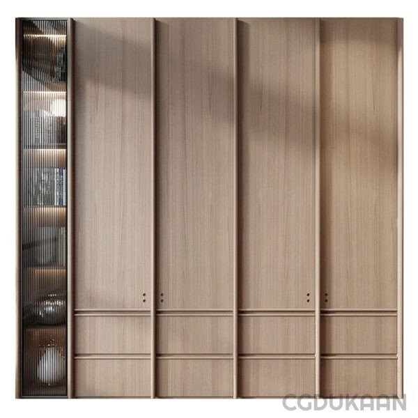 A set of light brown wooden cabinets with a small glass display cabinet on the left side