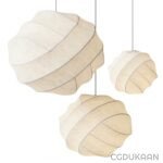 Three white, round, multi-layered pendant lights hanging at different heights against a white background.