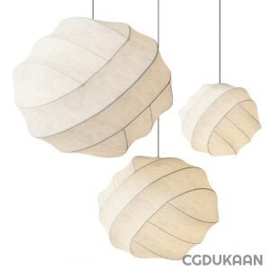 Three white, round, multi-layered pendant lights hanging at different heights against a white background.