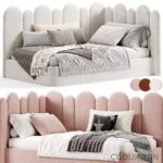 Two images of a modern scalloped-edge bed with plush headboard and footboard in two color options, one in neutral beige tones and the other in soft pink hues, both styled with coordinating pillows and blankets.