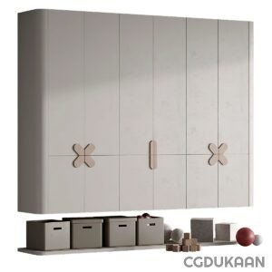 A large, modern light gray wardrobe with sleek handles and flower-shaped accents, sitting above matching storage boxes and decorative spheres on a low shelf.