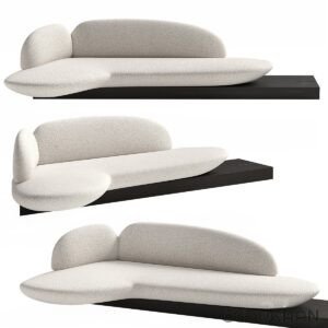 Three images of a modern white fabric sofa with rounded edges and a black base, shown from different angles.