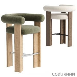 Two modern bar stools with wooden legs, one with dark green upholstery and the other with light beige upholstery.