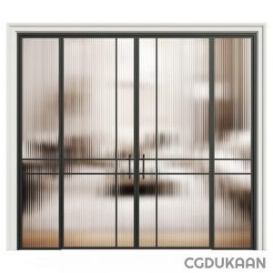 Abstract blurred image of a room with furniture seen through black window panes.