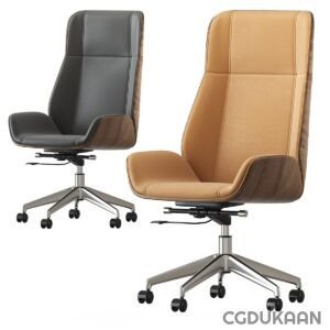 Two office chairs with high backs, one black and one light brown, each with a five-point rolling base and adjustable seat height.