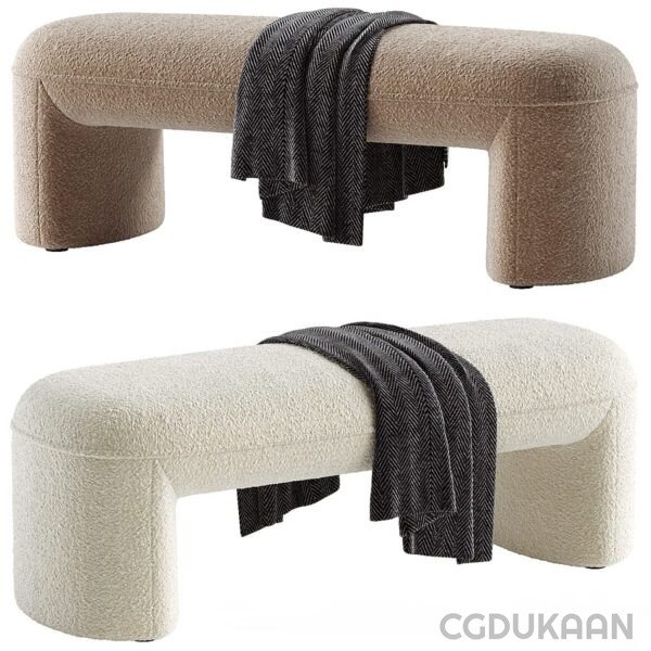 Two identical modern curved benches, one in brown and one in beige, with a black towel draped over the side of each.