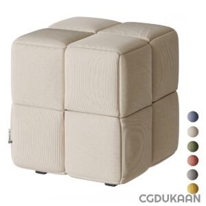 Modular beige fabric ottoman with four square sections stacked together, each with ribbed texture. Color swatches on the side show options in beige, blue, green, and yellow.