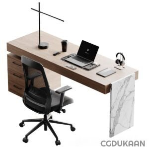 Modern office desk with wooden top, marble side panel, and black office chair. On the desk, there is a laptop, a tablet, a smartphone, a cup of coffee, and a pair of headphones.