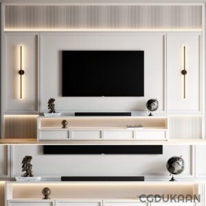 A modern entertainment center with a flat screen TV, sound bar, and decorative items on white shelves against a light grey wall with two vertical wall sconces.