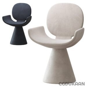 Two modern chairs with round seats and conical bases, one in black and one in light gray.