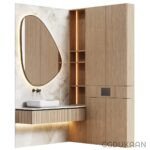 Modern bathroom interior with wooden cabinets, marble wall, white sink and oval mirror with backlight.